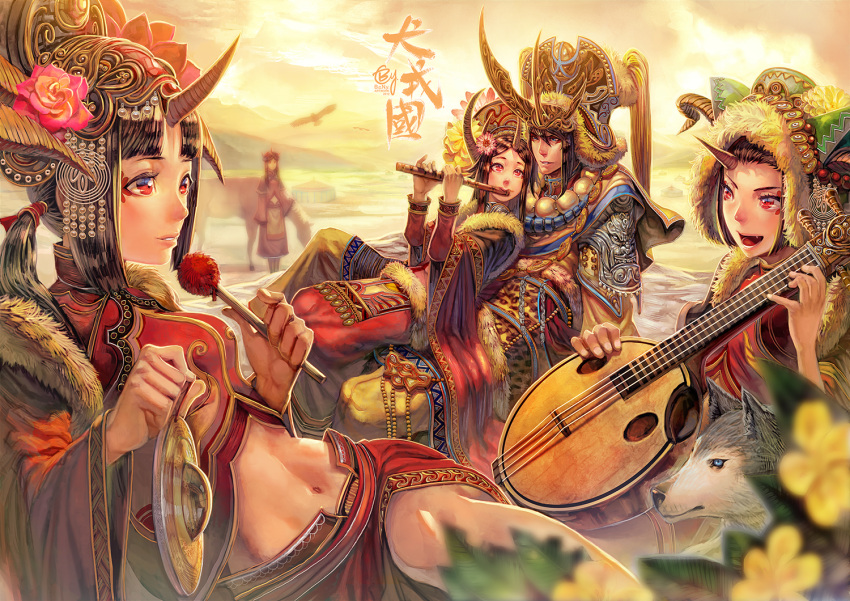 bangs bird black_hair blue_eyes blunt_bangs chinese copyright_request eagle flower flute hair_ornament horn instrument jewelry long_dress long_hair midriff mountain navel necklace open_mouth pearl red_eyes signature sitting sitting_on_person smile taiwan traditional_clothes watermark widescreen wolf