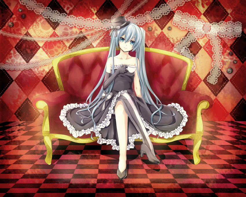 1girl absurdres aqua_eyes aqua_hair argyle argyle_background bare_shoulders checkered checkered_floor collarbone couch crossed_legs cup dress elbow_gloves furniture gloves hat hatsune_miku head_tilt high_heels highres long_hair mil2 mini_top_hat shoes single_elbow_glove single_glove single_thighhigh sitting solo teacup thigh-highs thighhighs top_hat twintails vertical-striped_legwear vertical_stripes very_long_hair vocaloid