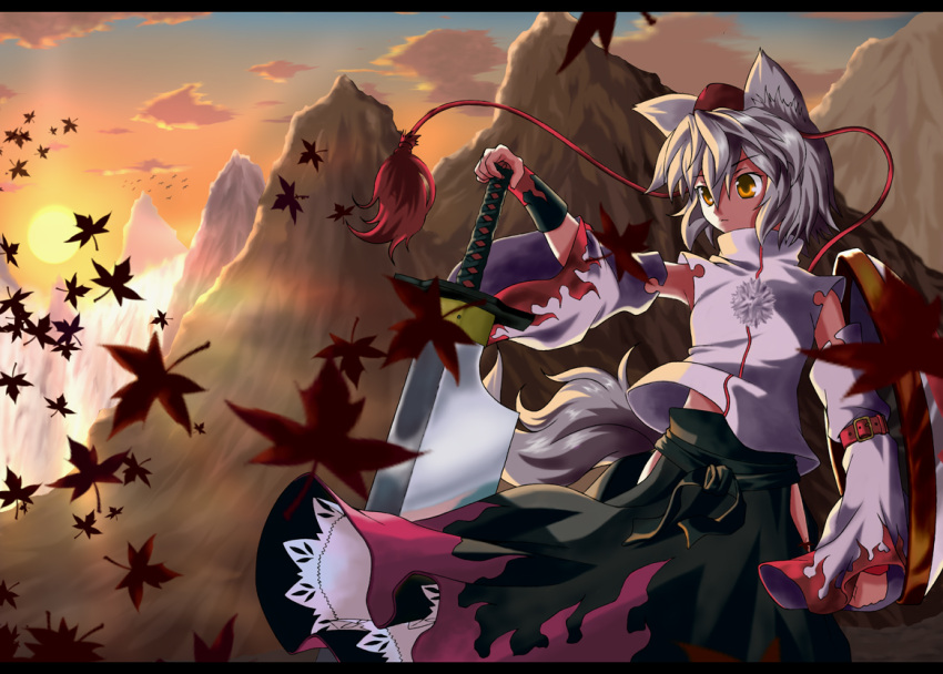 animal_ears detached_sleeves hat imonezi inubashiri_momiji leaf leaves maple_leaf mountain orange_eyes shield short_hair silver_hair solo sword tokin_hat touhou weapon wolf_ears