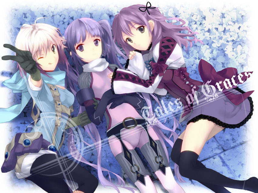 black_legwear cheria_barnes gradient_hair leggings multicolored_hair multiple_girls neyo one_side_up pascal purple_hair red_hair redhead scarf sophie_(tales_of_graces) tales_of_(series) tales_of_graces thighhighs title_drop white_hair