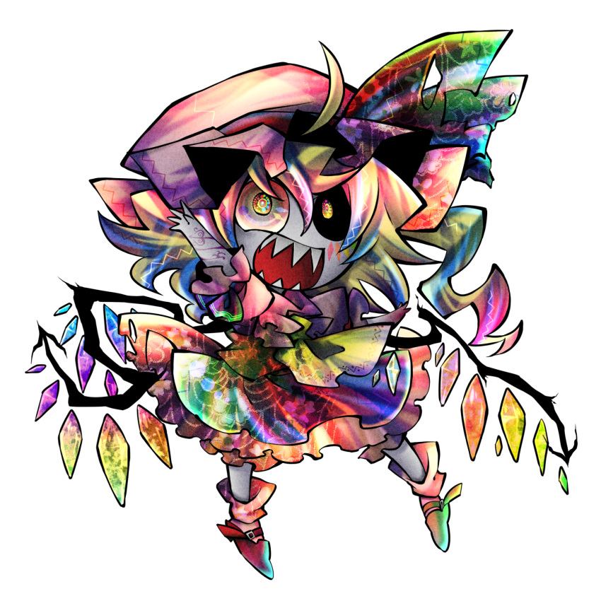 ahoge black_sclera colorful fangs flandre_scarlet hat heterochromia highres multicolored_hair ninomae pale_skin simple_background solo touhou transparent_background wings