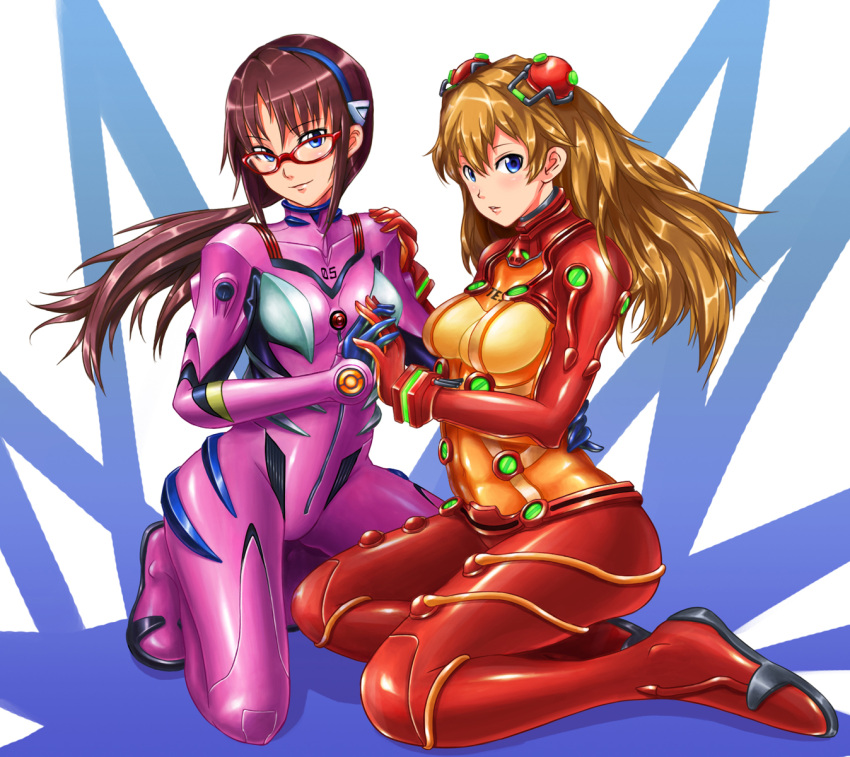 blush breasts brown_hair glasses goemon23 goemon23_(pixiv) hand_holding highres holding_hands kneeling long_hair makinami_mari_illustrious neon_genesis_evangelion plugsuit ponytail rebuild_of_evangelion shikinami_asuka_langley sitting smile souryuu_asuka_langley test_plugsuit