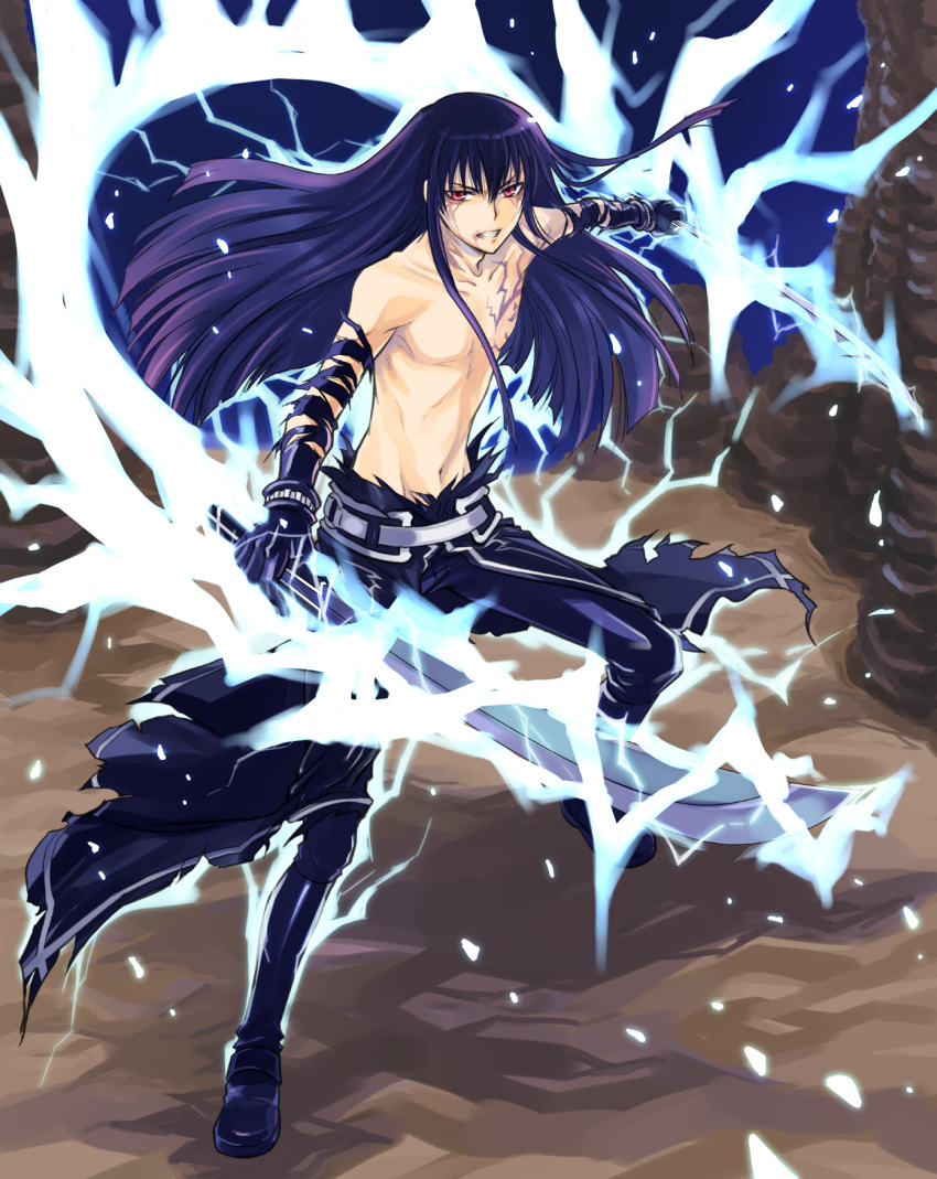 d.gray-man gloves highres kanda_yuu katana long_hair male purple_hair red_eyes solo sword tattoo torn_clothes uonu_mayuu uonuma_yuu weapon