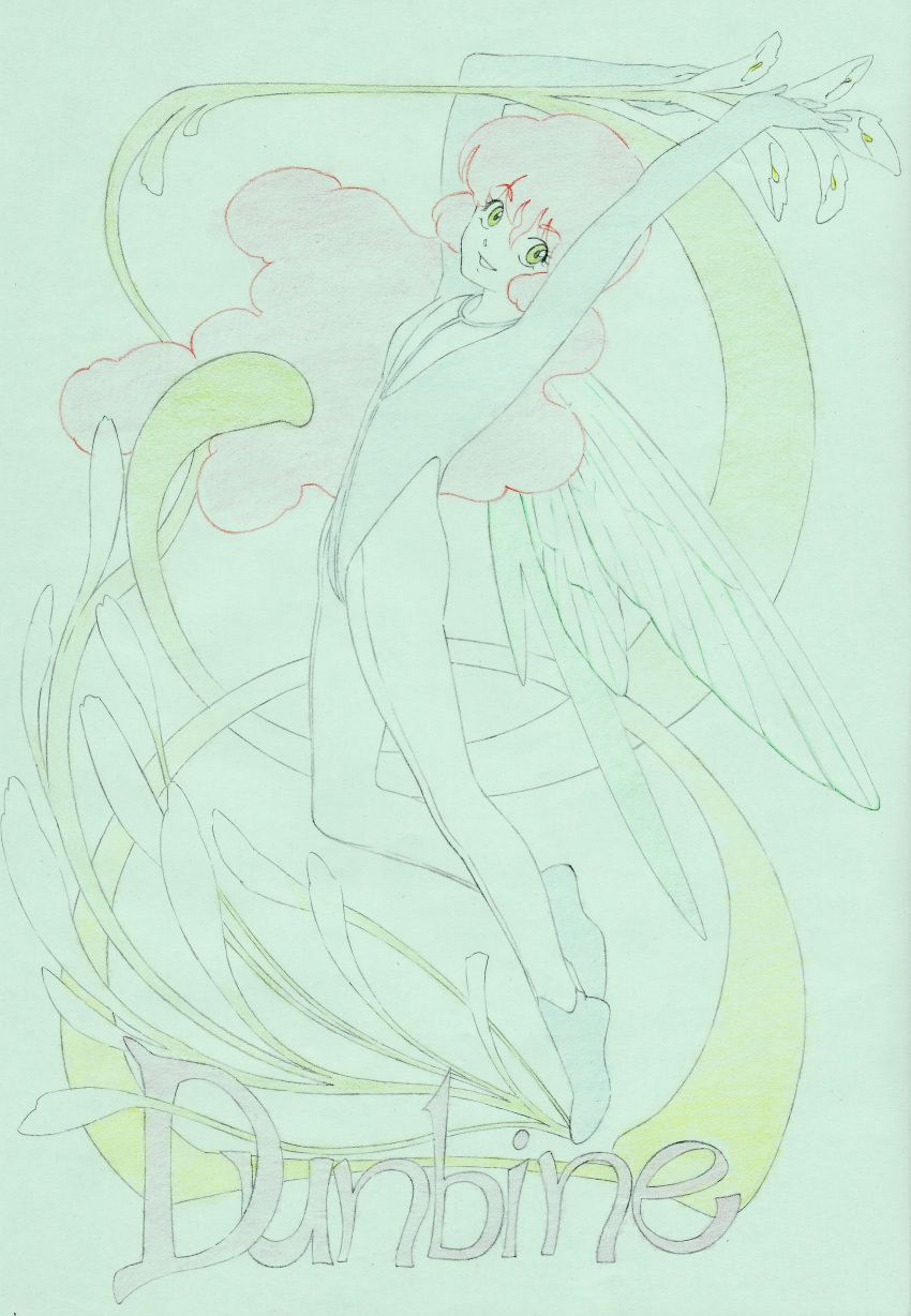 arms_up aura_battler_dunbine bodysuit cham_fau colored_pencil_(medium) fairy green_eyes hachi_(pixiv461949) highres leotard long_hair pink_hair smile solo traditional_media wings