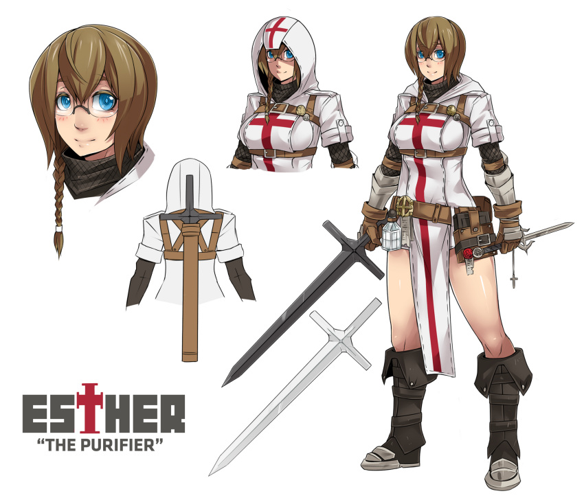 1girl bare_legs blue_eyes blush boots bracer breasts brown_hair chainmail character_name dagger glasses gloves highres hood hood_down knee_boots knights_templar kuma_x large_breasts original reverse_grip short_hair smile strap sword weapon