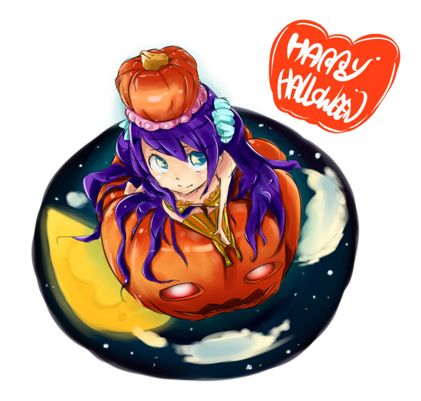 :&gt; blue_eyes halloween jack-o'-lantern jack-o-lantern long_hair pumpkin purple_hair sitting solo striped striped_legwear striped_thighhighs thigh-highs thighhighs zukaketawagase