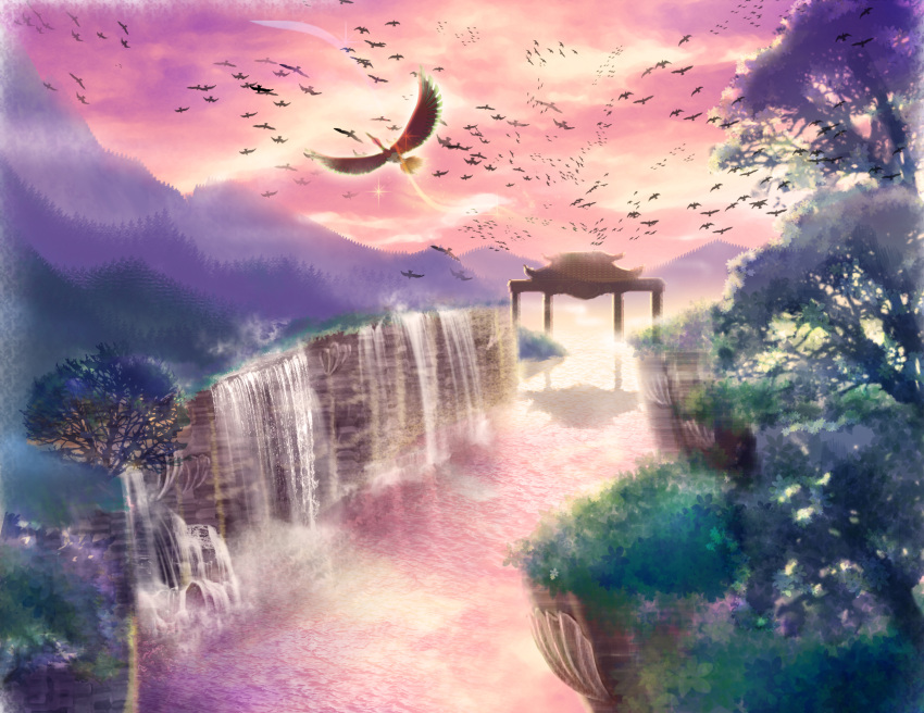 clouds highres ho-oh newtop no_humans plant pokemon pokemon_(creature) pokemon_(game) pokemon_gsc pokemon_hgss silhouette sky tree water waterfall wings