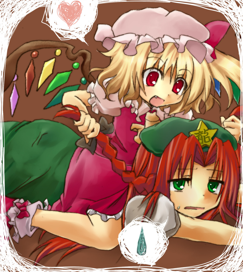 :d braid fang flandre_scarlet green_eyes hair_grab hat heart highres hong_meiling okemai open_mouth red_eyes red_hair redhead smile speech_bubble spoken_heart spoken_sweatdrop straddle sweatdrop tired touhou twin_braids