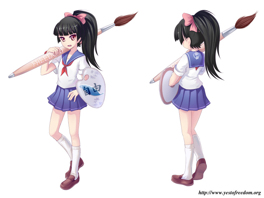 art_brush black_hair brown_eyes brush deth freedom-tan highres original paintbrush ponytail ribbon sailor_uniform school_uniform schoolgirl shield socks