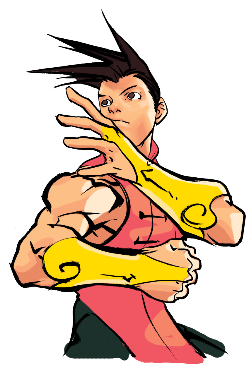 1boy bridal_gauntlets brown_eyes brown_hair capcom chinese_clothes fighting_stance highres muscle nishimura_kinu official_art solo spiked_hair spiky_hair street_fighter street_fighter_iii transparent_background yang_lee