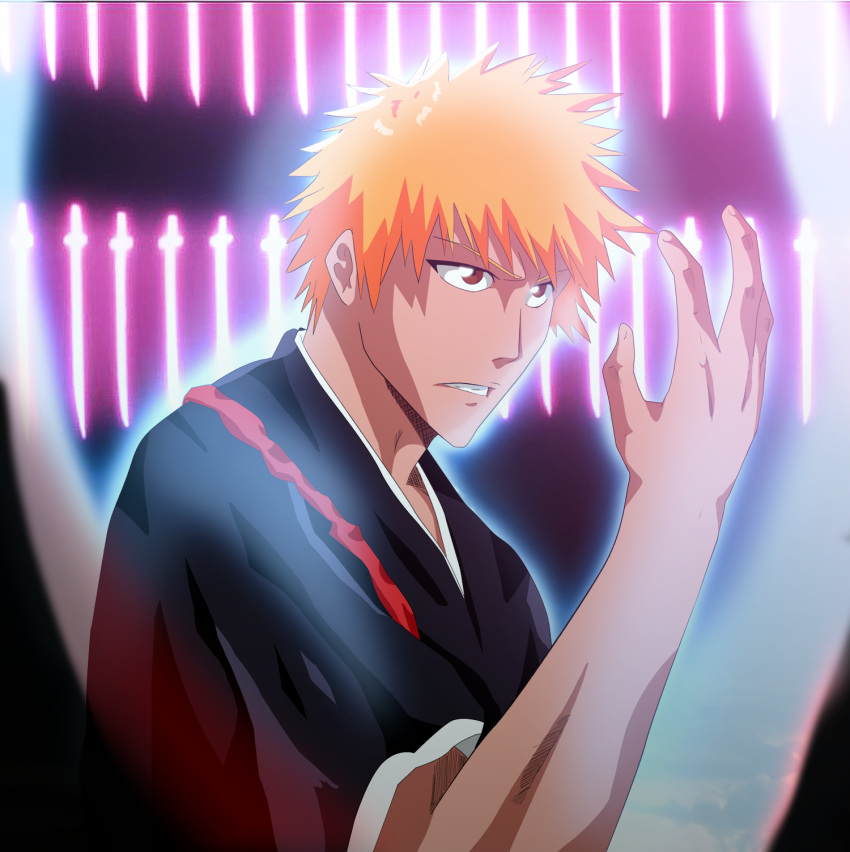 1boy angry bleach brown_eyes glowing_hair kurosaki_ichigo male mr123goku123 orange_hair solo