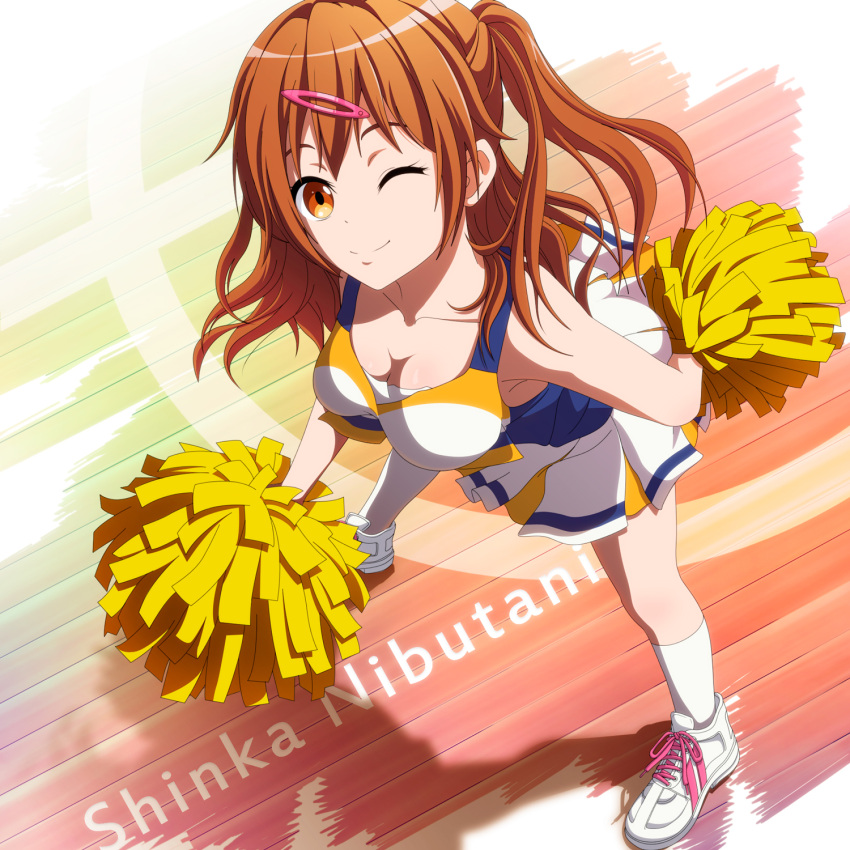 breasts brown_eyes brown_hair character_name cheerleader chuunibyou_demo_koi_ga_shitai! cleavage hair_ornament hairclip highres kouchou long_hair nibutani_shinka one_side_up pom_poms shoes side_ponytail smile sneakers socks solo white_legwear wink