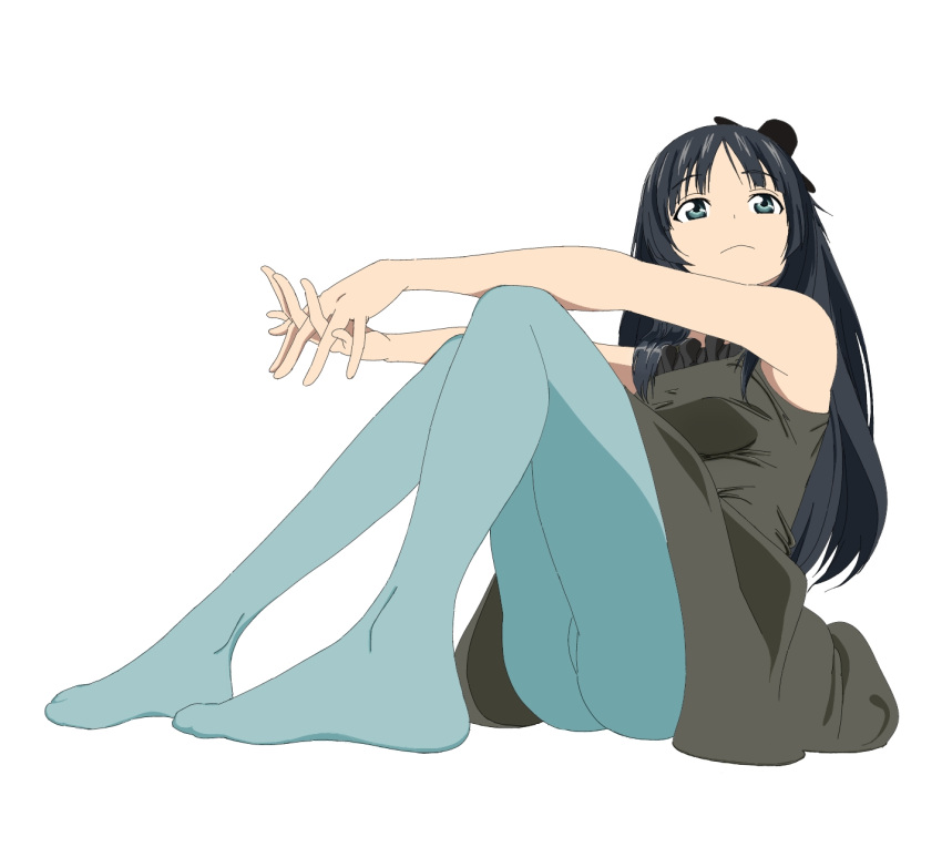 akiyama_mio alternate_hairstyle aqua_legwear black_eyes black_hair black_legwear blue_legwear blush don't_say_"lazy" dress feet fingerless_gloves gloves hat highres hime_cut k-on! long_hair looking_at_viewer mini_top_hat no_shoes pantyhose simple_background sitting skirt smile solo striped thigh-highs thighhighs top_hat