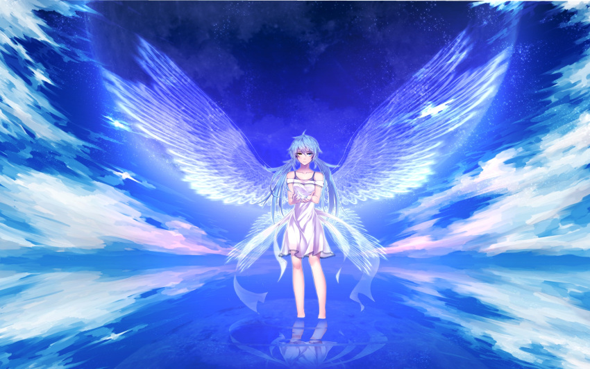 angel aqua_hair bicolored_eyes blue_hair clouds dress hatsune_miku sky takka twintails vocaloid water wings