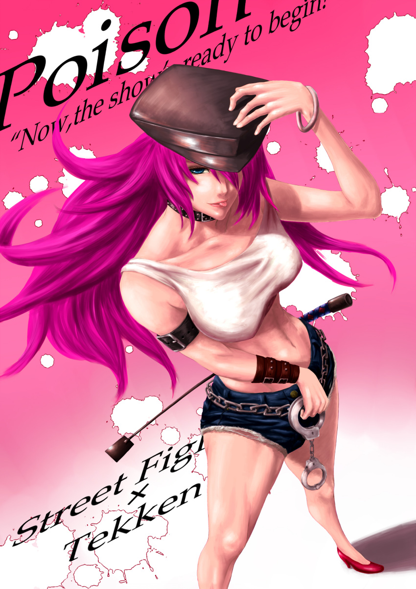 1girl :p armlet bangle bare_legs blue_eyes bracelet breasts character_name collar collarbone crop_top cuffs denim denim_shorts final_fight hair_over_one_eye handcuffs hat high_heels highres jewelry large_breasts long_hair midriff mugetsu2501 navel peaked_cap pink_hair poison_(final_fight) riding_crop shoes short_shorts shorts solo street_fighter_x_tekken tank_top title_drop tongue