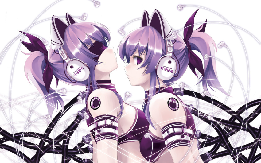2girls exit_tunes possible_duplicate purple_eyes purple_hair ribbons techgirl twins violet_eyes