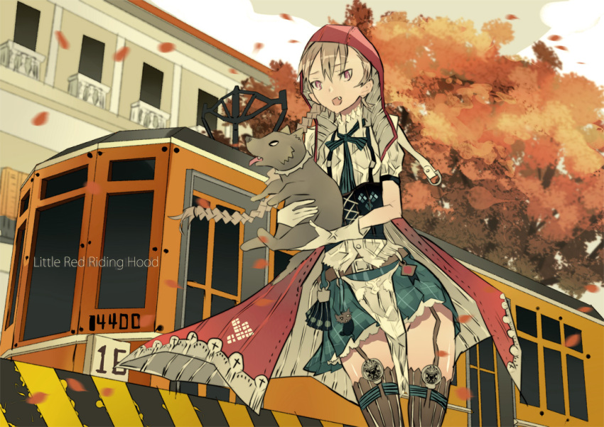 autumn autumn_leaves brown_hair brown_legwear dog dress garter_straps hood little_red_riding_hood red_eyes tram u283