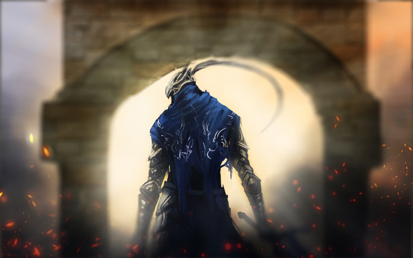 artorias_the_abysswalker cape dark_souls helmet highres james_dizon looking_back sword weapon