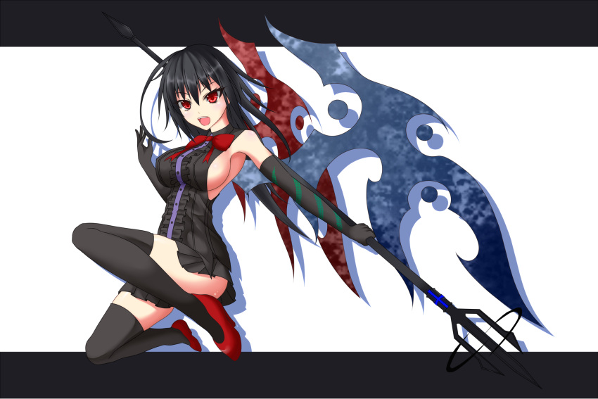 adapted_costume alternate_hair_length alternate_hairstyle alternate_wings black_dress black_gloves black_hair black_legwear bow breasts censored convenient_censoring dress elbow_gloves gloves gmot highres houjuu_nue large_breasts letterboxed long_hair looking_at_viewer no_bra open_mouth polearm red_eyes red_shoes shoes sideboob skirt solo thigh-highs thighhighs touhou trident weapon wings zettai_ryouiki