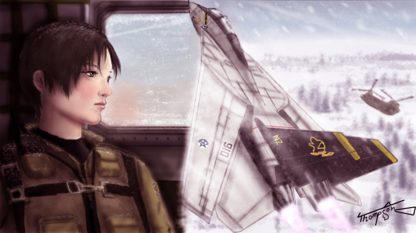 ace_combat ace_combat_5 afterburner airplane artist_name blaze brown_eyes brown_hair ch-47_chinook emblem eyelashes f-14 fighter_jet helicopter jet kei_nagase lips military pilot pilot_suit radio sea_goblin short_hair signature snow solo thompson tree wallpaper wardog_squadron