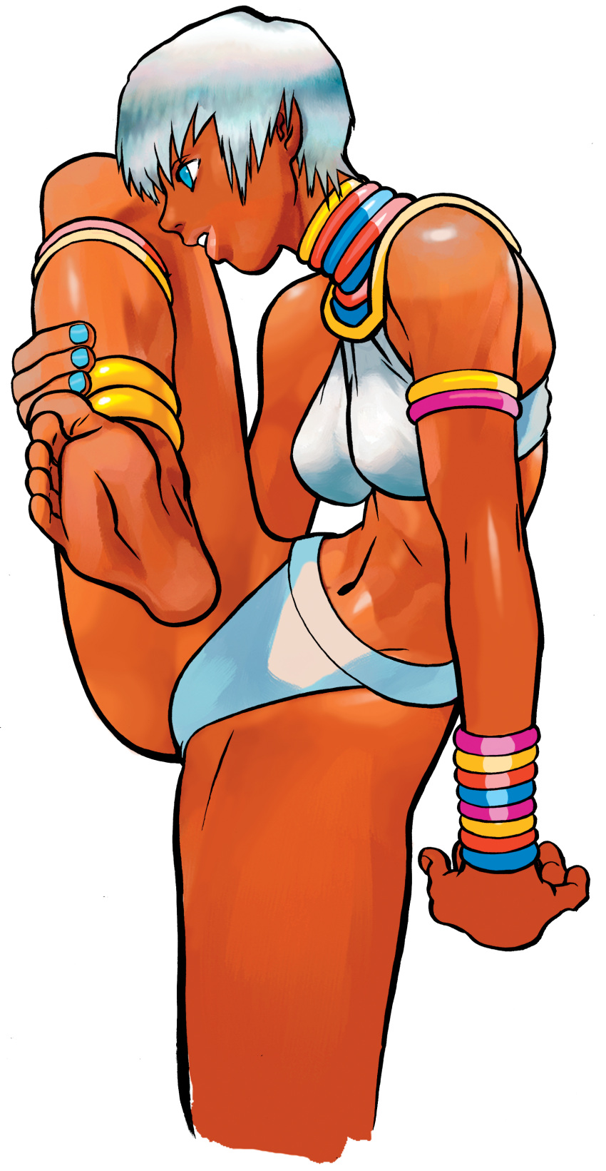 absurdres anklet armlet bare_shoulders barefoot bikini blue_eyes blue_nails bracelet breasts capcom dark_skin earrings elena feet flexible highres jewelry midriff nail_polish navel neck_ring nishimura_kinu official_art portrait short_hair soles solo standing_on_one_leg street_fighter street_fighter_iii swimsuit transparent_background white_hair