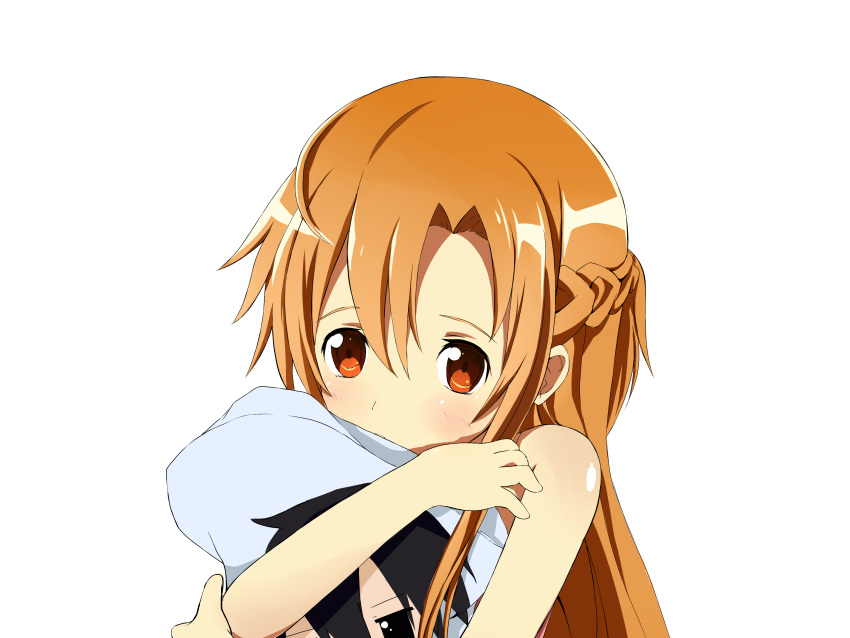 1boy 1girl asuna_(sao) brown_eyes brown_hair kirigaya_kazuto kirito long_hair pillow sakuraba_hikaru_(artist) sakuraba_hikaru_(loveindog) sword_art_online yuuki_asuna