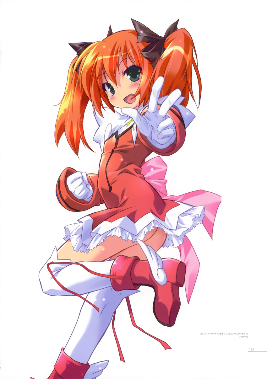 :d absurdres green_eyes highres kaitou_tenshi_twin_angel komatsu_e-ji komatsu_eiji minazuki_haruka_(twin_angel) open_mouth orange_hair simple_background smile thigh-highs thighhighs twintails white_legwear winged_shoes