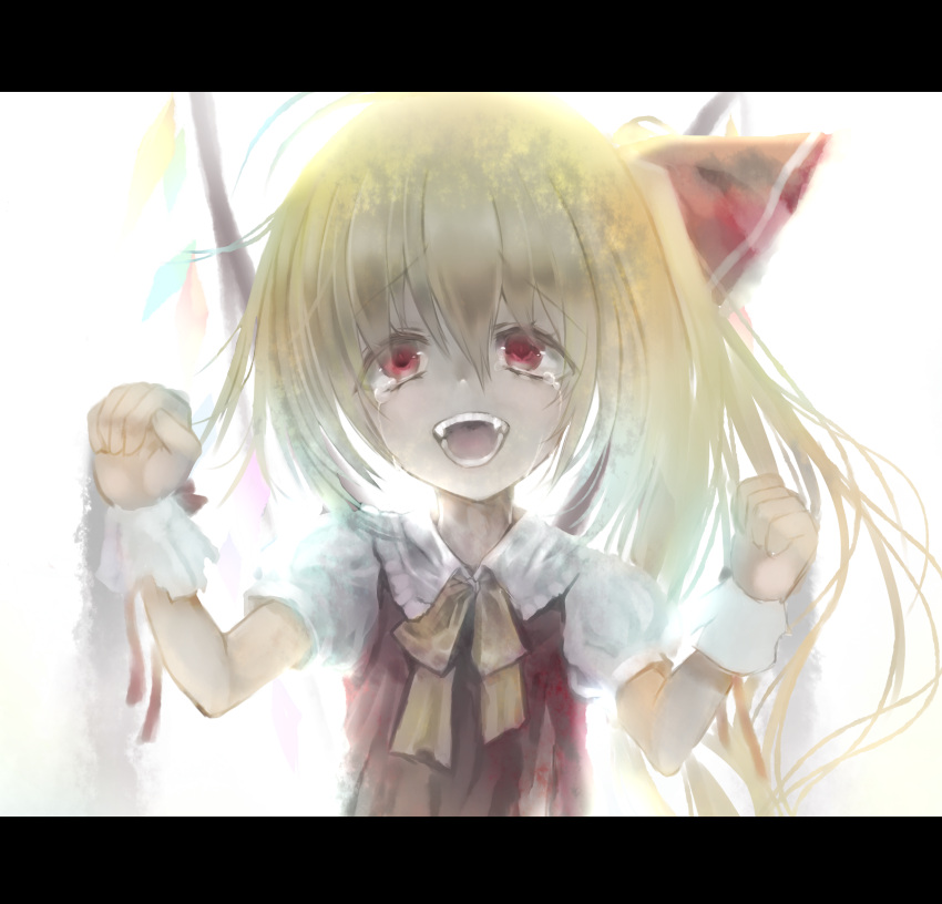 absurdres blonde_hair crying dress fangs flandre_scarlet hair_ribbon highres letterboxed looking_at_viewer maryquant neckerchief no_hat no_headwear open_mouth puffy_sleeves red_dress red_eyes ribbon shirt short_sleeves side_ponytail solo touhou wings wrist_cuffs wrist_ribbon