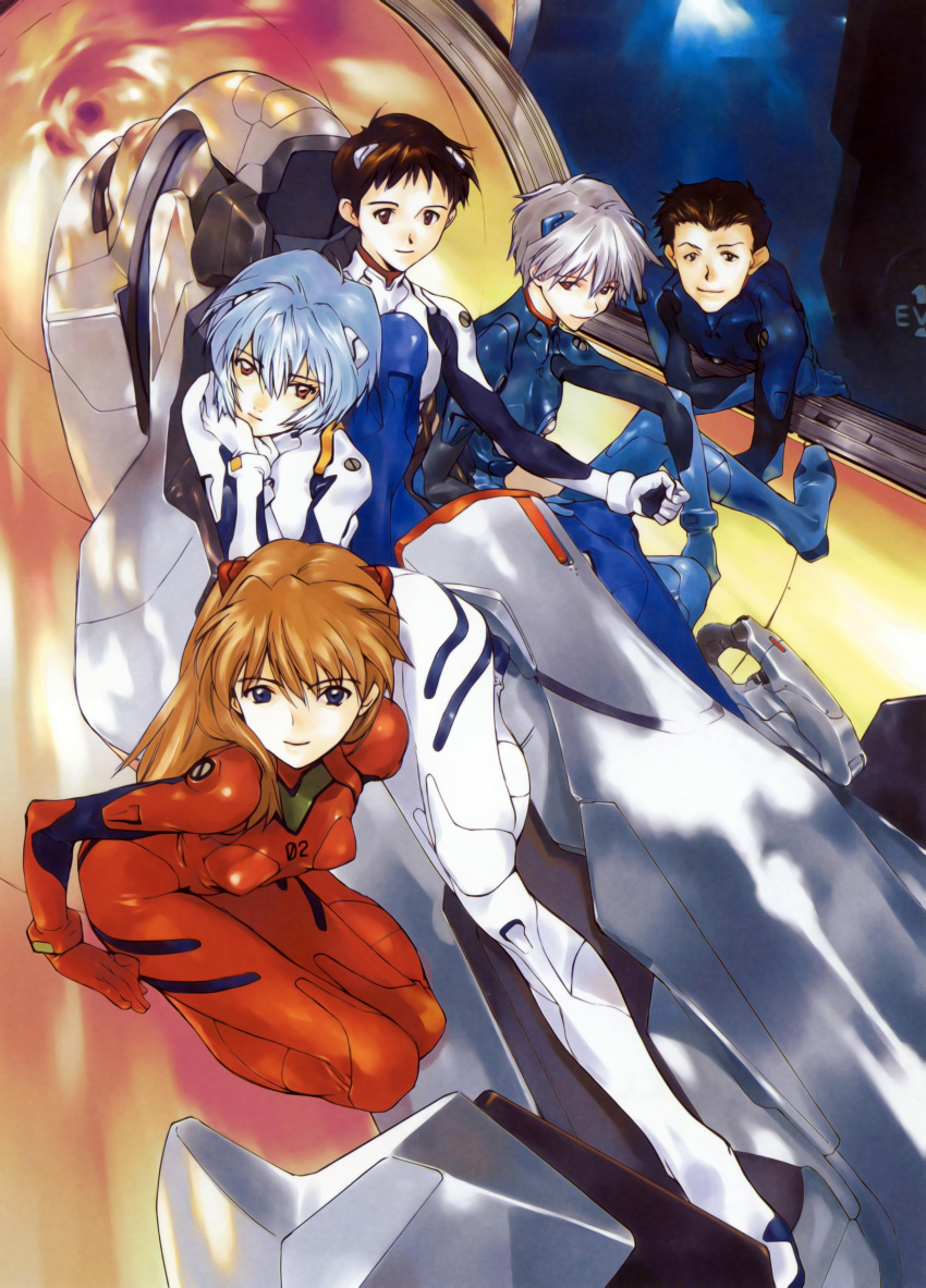 3boys absurdres ayanami_rei blue_eyes blue_hair bodysuit brown_eyes brown_hair chin_rest cockpit entry_plug grey_hair hair_ornament highres ikari_shinji leaning looking_at_viewer multiple_boys multiple_girls nagisa_kaworu neon_genesis_evangelion official_art okazaki_takeshi orange_hair plugsuit scan sitting smile soryu_asuka_langley souryuu_asuka_langley suzuhara_touji