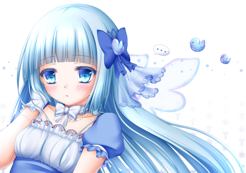 1girl blue_eyes blue_hair blush bow choker collarbone dress hair_bow long_hair original shitou solo speech_bubble twitter