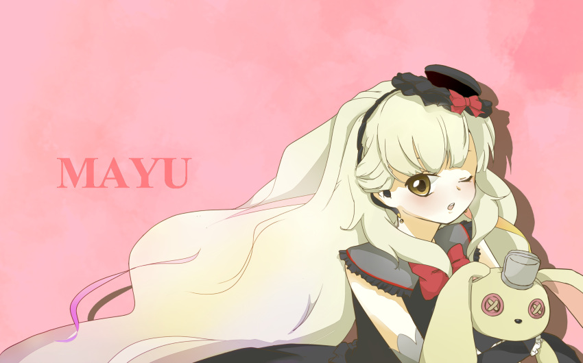 1girl blonde_hair character_name hat highres long_hair mayu_(vocaloid) pink_background riajyuuninarouze solo vocaloid wink yellow_eyes