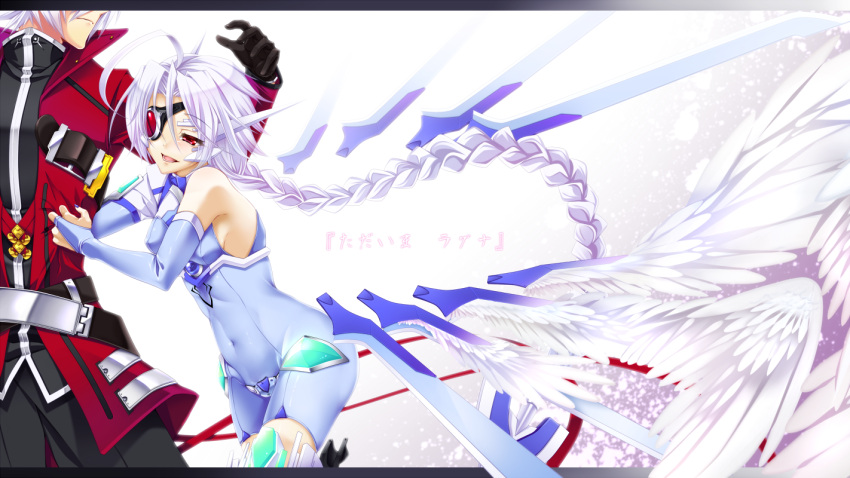 1girl albino blazblue braid bridal_gauntlets clothed_navel coat eyepatch gloves head_out_of_frame long_hair navel nu-13 ragna_the_bloodedge red_eyes sayo_wini single_braid smile white_hair