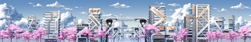building cherry_blossoms cloud clouds danny_choo_(website) goodsmile_company highres long_image mirai_millennium no_humans pinakes scenery sky skyscraper tree wide_image