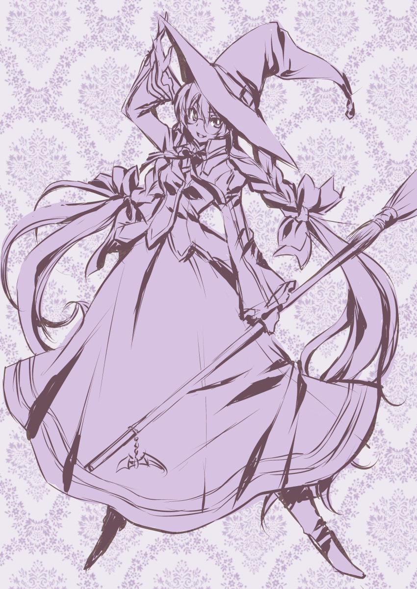 absurdres braid broom dress fujieda_miyabi fumiko_odette_vanstein glasses hat highres long_hair looking_at_viewer monochrome shikigami_no_shiro smile solo very_long_hair witch_hat
