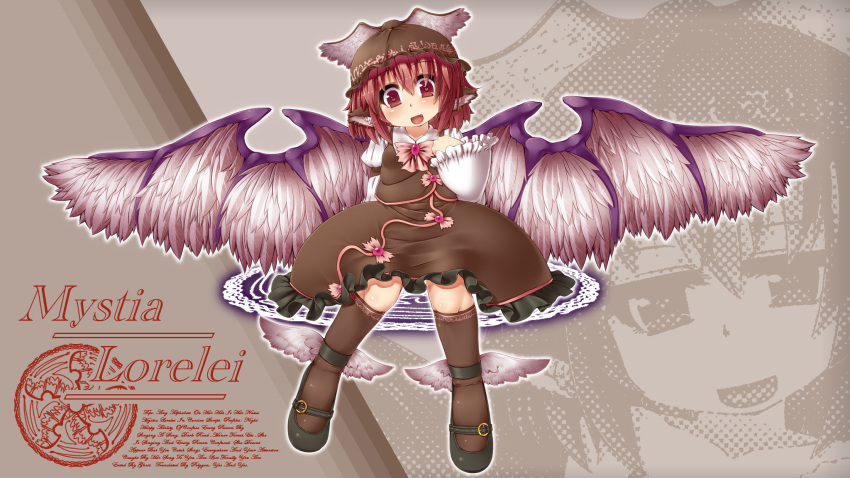 animal_ears ankle_wings annotated arm_strap blush brown_legwear character_name engrish fang hat head_tilt heart heart-shaped_pupils highres kneehighs long_sleeves mystia_lorelei open_mouth ranguage red_eyes red_hair redhead rutsubo short_hair skirt skirt_set smile solo symbol-shaped_pupils touhou winged_hat wings