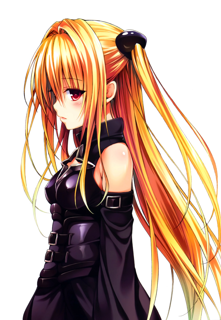 absurdres bare_shoulders blonde_hair detached_sleeves hair_ornament highres konjiki_no_yami long_hair parted_lips red_eyes scan simple_background solo to_love-ru to_love-ru_darkness two_side_up very_long_hair white_background yabuki_kentarou