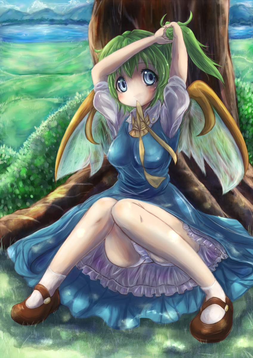 arms_up ascot blue_dress blue_eyes blue_sky breasts cloud clouds daiyousei dress fairy fairy_wings grass green_hair highres knees_together_feet_apart lake large_breasts looking_at_viewer mountain mouth_hold panties pantyshot pantyshot_(sitting) petticoat puffy_sleeves ribbon_in_mouth runathito shirt short_sleeves side_ponytail sitting sky solo touhou tree tying_hair underwear upskirt white_panties wings