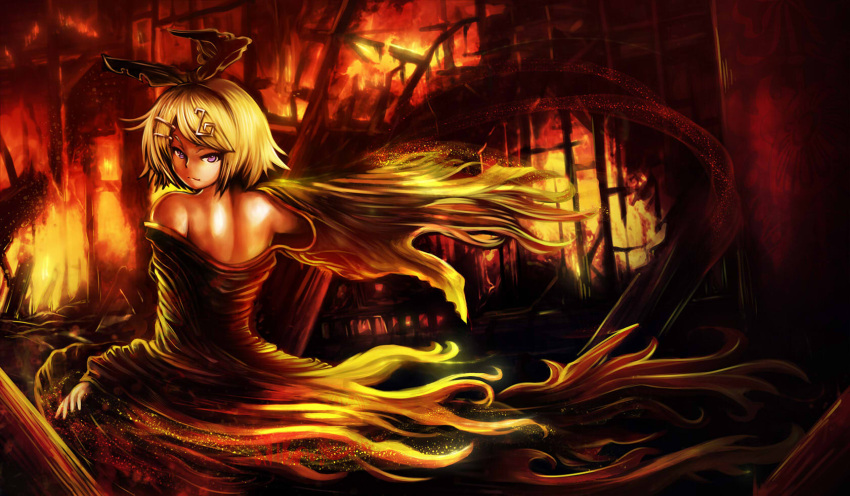 back bangs bare_shoulders blonde_hair bow burning fire hair_bow hair_ornament highres kagamine_rin looking_back purple_eyes short_hair solo swept_bangs violet_eyes vocaloid yilx