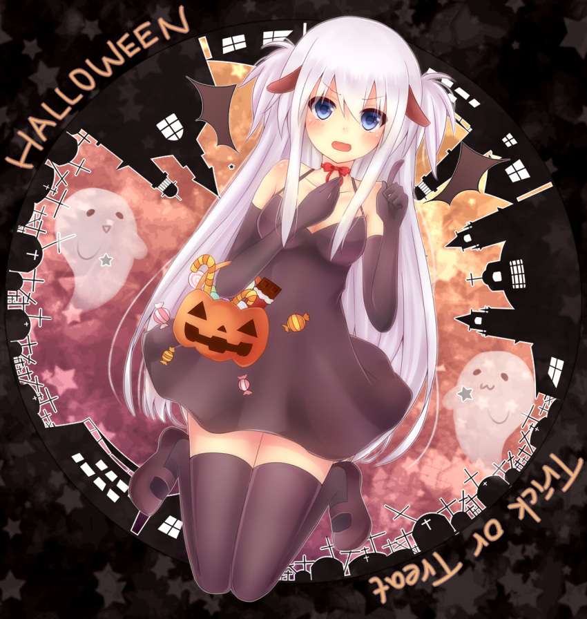 blue_eyes candy candy_cane candy_wrapper chocolate_bar copyright_request ghost halloween highres index_finger_raised jack-o'-lantern jack-o'-lantern komomo_(ptkrx) long_hair original raised_finger solo thigh-highs thighhighs trick_or_treat white_hair wings