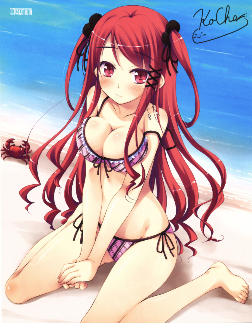 :3 absurdres barefoot bikini blush breasts caricature cleavage crab feet front-tie_top highres hinomiya_ayari ko~cha long_hair looking_at_viewer ocean off_shoulder paper_texture plaid plaid_bikini red_eyes red_hair redhead sand scan shiny shiny_skin side-tie_bikini signature sitting smile strap_slip swimsuit swimsuit two_side_up wariza windmill witch's_garden
