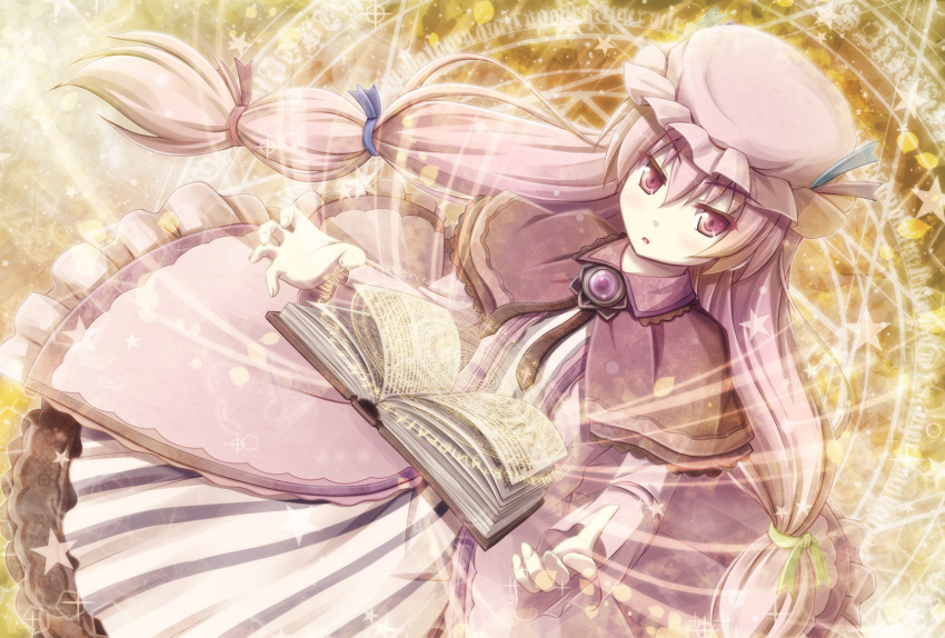 akashio_(loli_ace) book bow capelet crescent dress eyepatch hair_bow hair_ribbon hat highres long_hair magic_circle open_book open_mouth patchouli_knowledge purple_eyes purple_hair ribbon solo star touhou violet_eyes