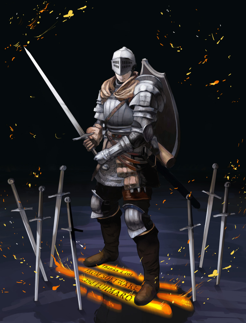 chainmail dark_souls embers full_armor gauntlets helmet highres knight pauldrons shield solo sword visor_(armor) weapon