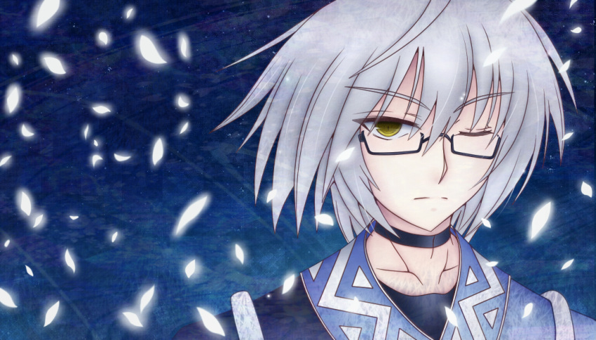 choker glasses ko_torii leaf looking_at_viewer morichika_rinnosuke silver_hair touhou wind wink