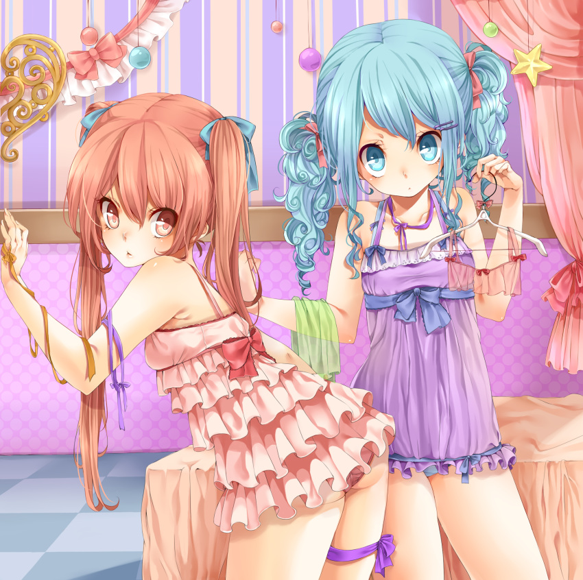 aihara_kaori bare_shoulders bed blue_eyes blue_hair blue_panties blush bow clothes_hanger collarbone cover_art cover_image dress frills highres holding lingerie long_hair looking_at_viewer momo_bako momobako multiple_girls negligee original panties pantsu pink_eyes pink_hair pink_panties ribbon rojiko star thigh_ribbon thigh_strap twintails underwear