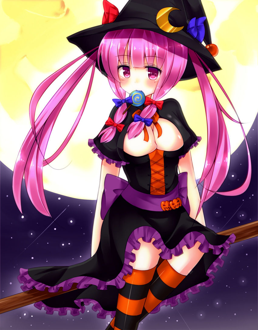absurdres alternate_hairstyle bekotarou breasts broom candy cleavage crescent dress fang full_moon hair_ribbon halloween hat highres jack-o'-lantern jack-o'-lantern large_breasts lollipop long_hair moon mouth_hold night patchouli_knowledge purple_eyes purple_hair ribbon socks solo striped striped_legwear touhou twintails violet_eyes witch_hat