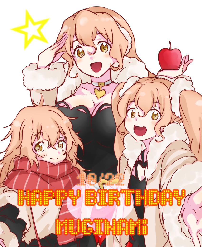 absurdres alpha_(smashbox) apple birthday breasts brown_hair character_name cleavage earmuffs food fruit happy_birthday highres large_breasts long_hair long_sleeves messy_hair muginami multiple_persona open_mouth outstretched_hand rinne_no_lagrange salute scarf smile star teeth time_paradox twintails white_background yellow_eyes young