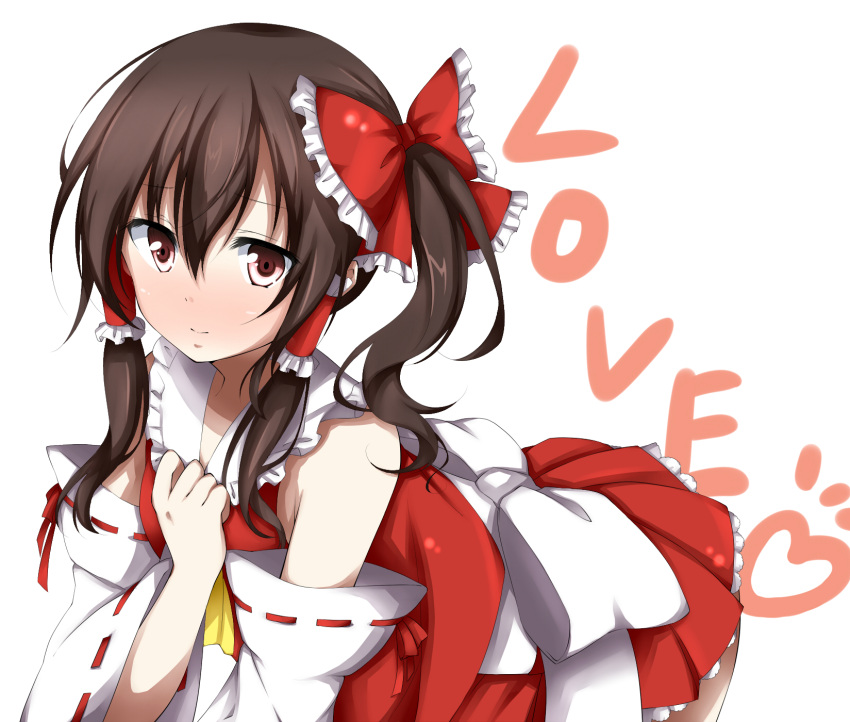 1girl alternate_hairstyle ascot bad_id bending_forward bow brown_hair detached_sleeves dress english frilled_skirt hair_bow hair_tubes hakurei_reimu heart highres hoshi_(menma) leaning_forward long_hair red_dress red_eyes ribbon side_ponytail simple_background skirt smile solo text touhou white_background