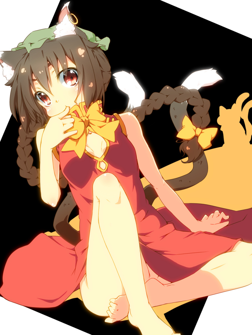 alternate_hairstyle animal_ears bad_feet barefoot bottomless bow braid brown_hair cat_ears cat_tail chen china_dress chinese_clothes error haruyonoto hat highres jewelry long_hair looking_at_viewer multiple_tails no_panties red_eyes single_braid single_earring sitting solo tail teenage touhou twin_braids