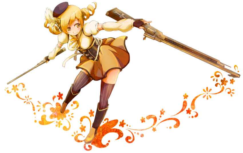 blonde_hair boots breasts drill_hair dual_wielding es_(eisis) foreshortening gloves gun hat long_hair magical_girl magical_musket mahou_shoujo_madoka_magica musket outstretched_arms simple_background skirt solo spread_arms thigh-highs thighhighs tomoe_mami twin_drills twintails weapon white_background yellow_eyes