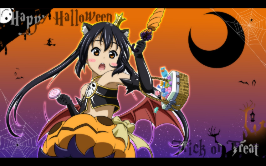 black_hair brown_eyes cosplay elbow_gloves gloves gradient gradient_background halloween happy_halloween highres jack-o'-lantern jack-o'-lantern k-on! long_hair melissa_seraphy_(cosplay) nakano_azusa oku_no_shi orange_background purple_background solo trick_or_treat twintails wings